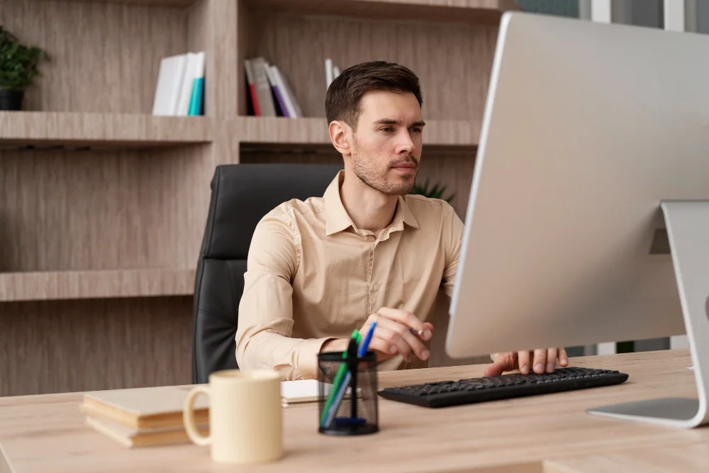 Hombre sentado manejando una computadora